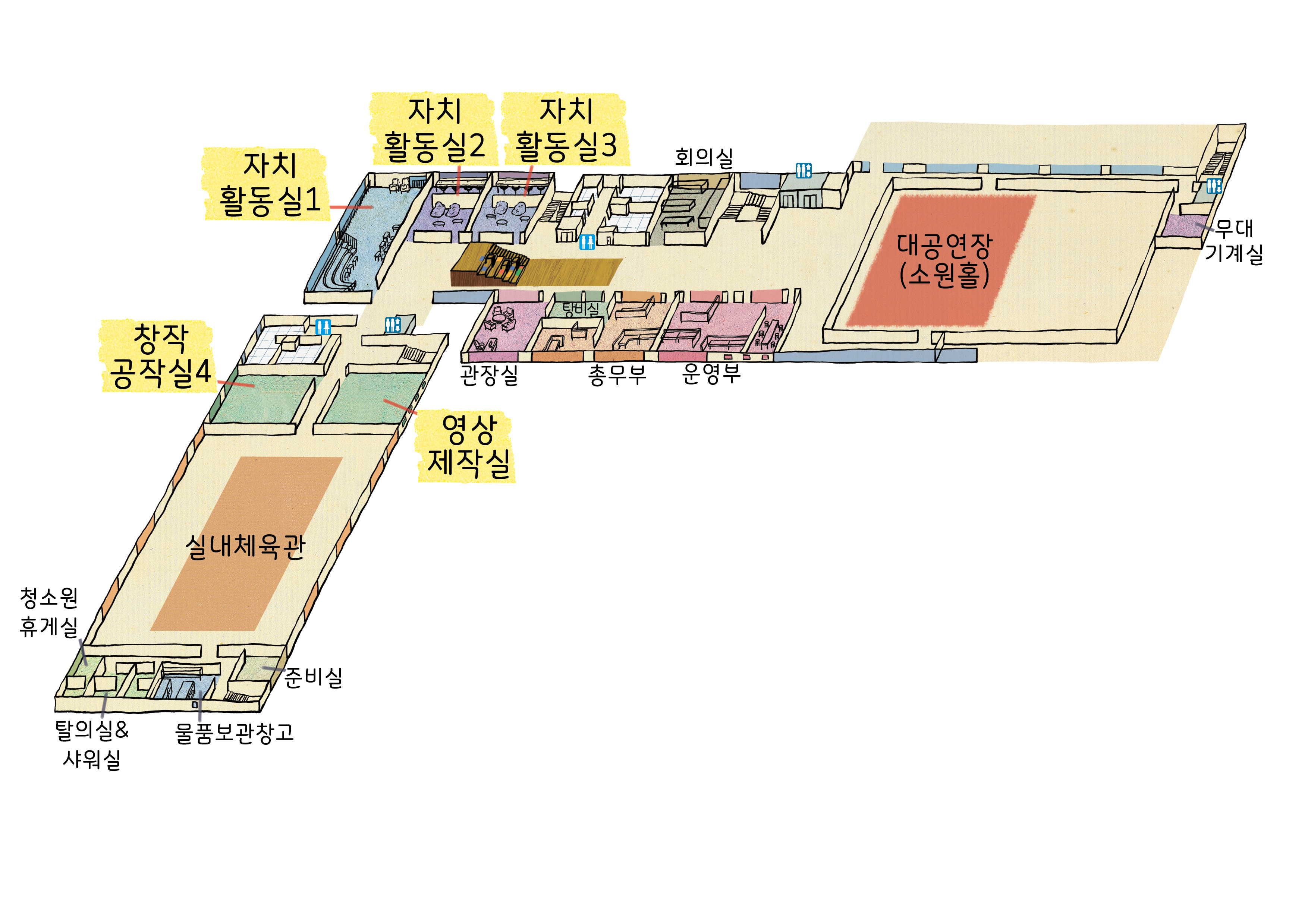 3층 배치도 : 탈의실&샤워실, 물품보관창고, 준비실, 청소년휴게실, 실내체육관, 탁구장1, 탁구장2, 자치활동실1, 자치활동실2, 자치활동실3, 관장실, 총무부, 운영부, 회의실, 대공연장(소원홀), 무대기계실