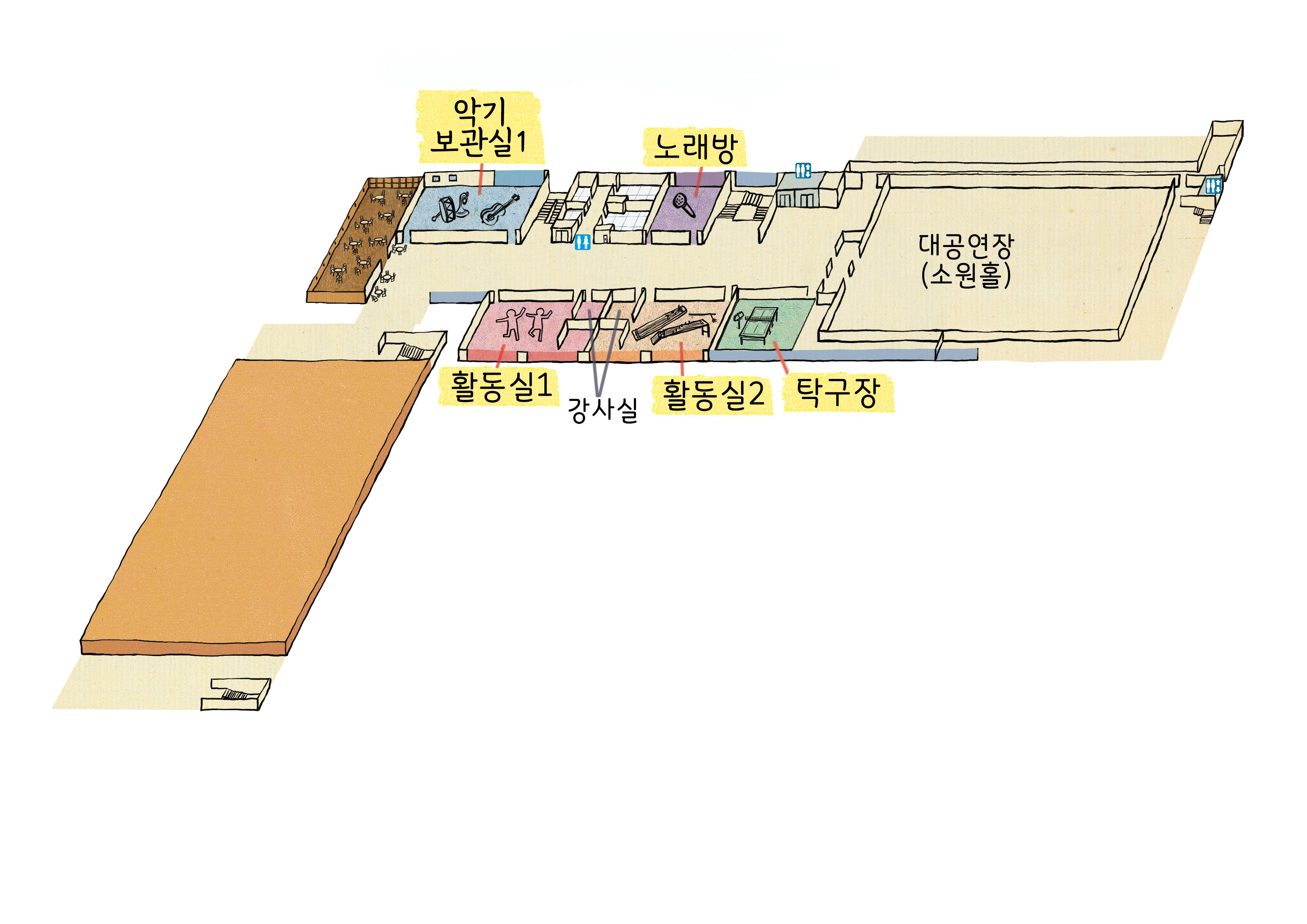 4층 배치도 : 악기보관실, 활동실1, 강사실, 활동실2, 노래방, 대공연장(소원홀)