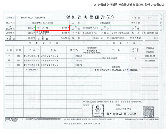 일반건축물대장((갑)) 샘플 건물의 연면적은 건출물대장 열람으로 확인 가능합니다.