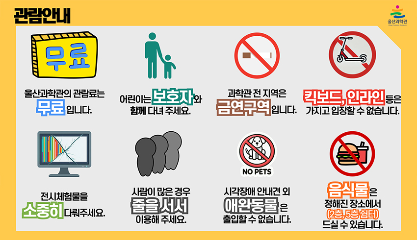 관람안내-울산과학관의 관람료는 무료입니다. 어린이는 보호자와 함께 다녀주세요. 과학관 전 지역은 금연구역입니다. 킥보드, 인라인 등은 가지고 입장할 수 없습니다. 전시체험물을 소중히 다뤄주세요. 사람이 많은 경우 줄을 서서 이용해 주세요. 시각장애 안내견 외 애완동물은 출입할 수 없습니다. 음식물은 정해진 장소에서(2층, 5층 쉼터)에서 드실 수 있습니다.